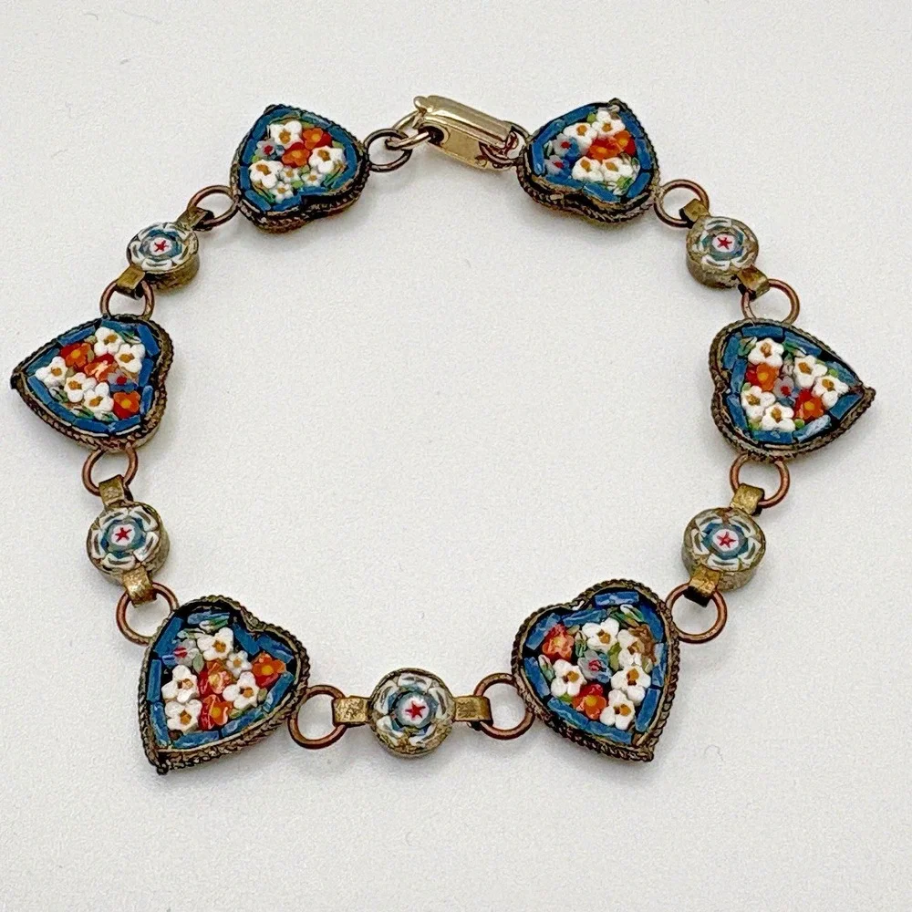 Vintage Italian Micro Mosaic Heart Bracelet Blue Floral Dainty Italy 7